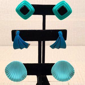 Vintage Funky 80's Blue  Pierced 3 pc Stud Earrings Gift Set Lot (JYS739)